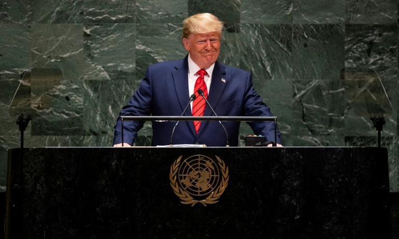 US President Donald Trump is seen here addressing the UN General Assembly in September 2019 -- the United States is one of the dozens of countries behind on their UN dues