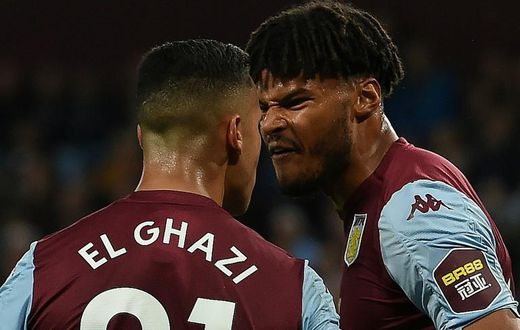 Aston Villa's Anwar El Ghazi remonstrates with team-mate Tyrone Mings