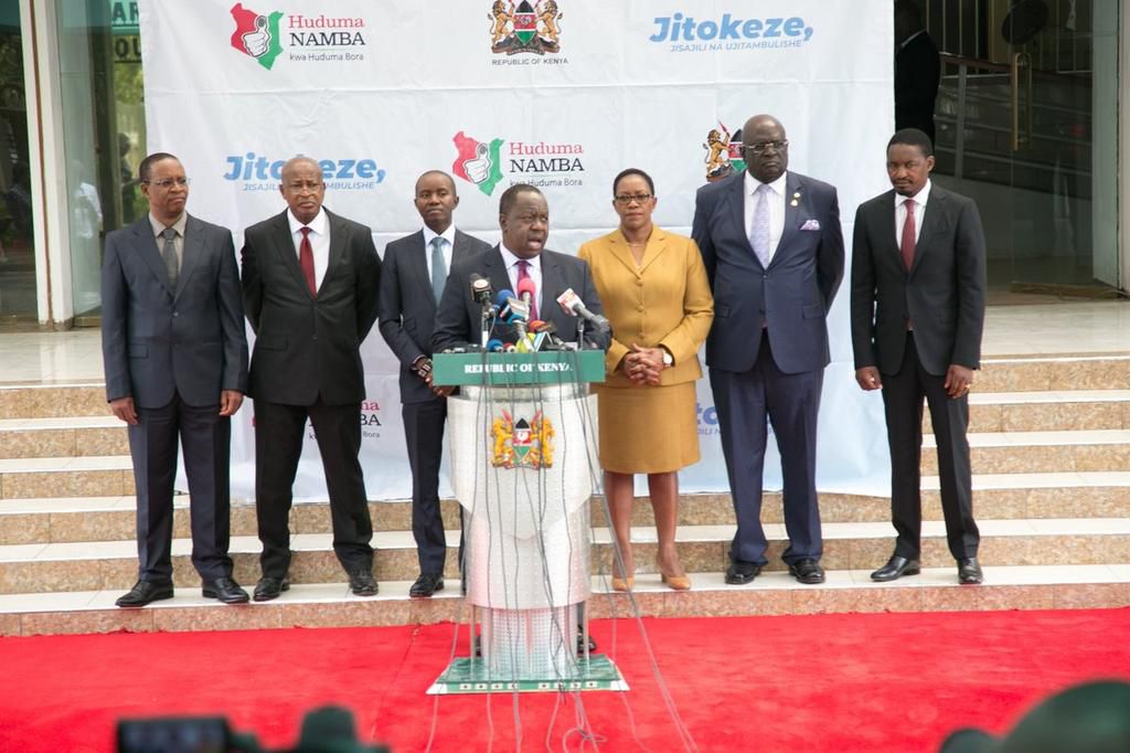 Interior CS Fred Matiang'i and other CSs during a briefing on Huduma Namba registration