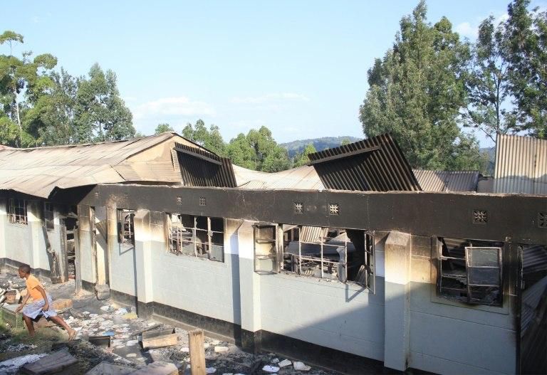 A burnt-out dormitory building at Itiero boys high school in Kenya's Kisii county, set on fire by students during a night of unrest 