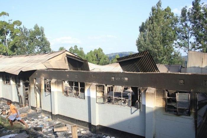 A burnt-out dormitory building at Itiero boys high school in Kenya's Kisii county, set on fire by students during a night of unrest 
