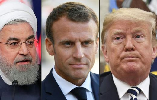 French President Emmanuel Macron (C) plans to meet separately at the UN General Assembly in New York with his Iranian and US counterparts, Hassan Rouhani (L) and Donald Trump