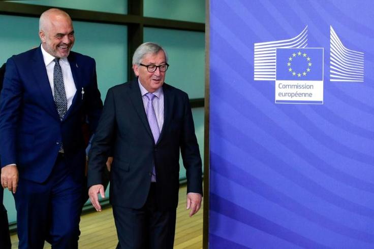 European Commission President Jean Claude Juncker receives Albania's Prime Minister Edi Rama (L) at the European Commission Headquarters on June 11, 2019, in Brussels