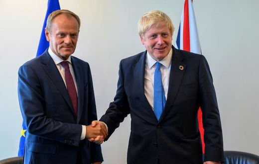 Donald Tusk (L), President of the European Council, and Boris Johnson, Prime Minister of the United Kingdom, meet at the United Nations September 23, 2019, in New York.
