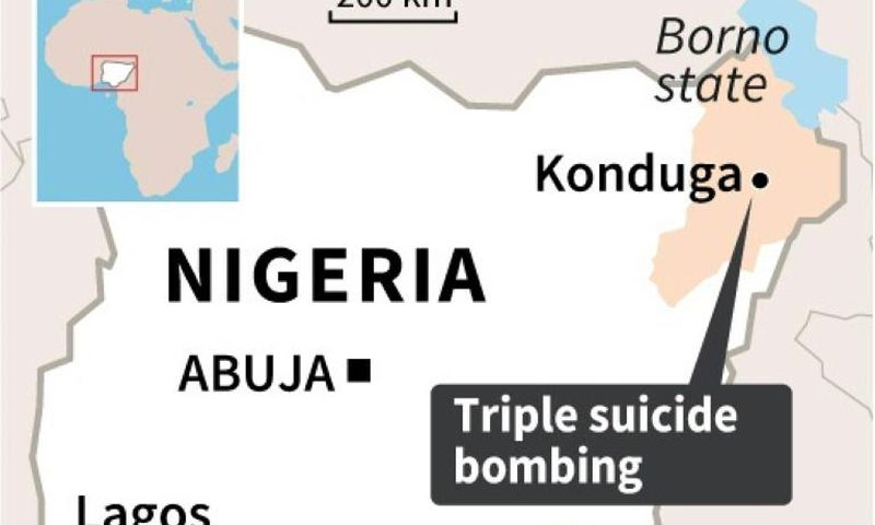 Map of Nigeria locating the town of Konduga, hit by a triple suicide bombing late Sunday.