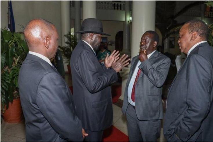 South Sudan President Salva Kiir, President Uhuru Kenyatta, Deputy President William Ruto and former Prime Minister Raila Odinga during the dinner at State House (Courtesy)