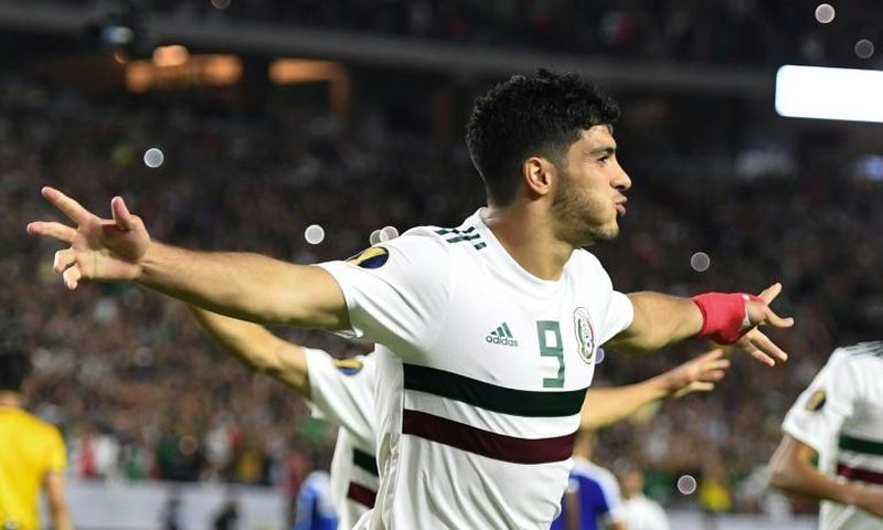 Mexico's forward Raul Jimenez his extra-time penalty that secured a 1-0 win over Haiti in the Gold Cup semi-finals