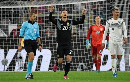 Lucas Alario (C) played a key role in Argentina's 2-2 draw against Germany in Dortmund on Wednesday when he came on to score with a header, then set up the equaliser.