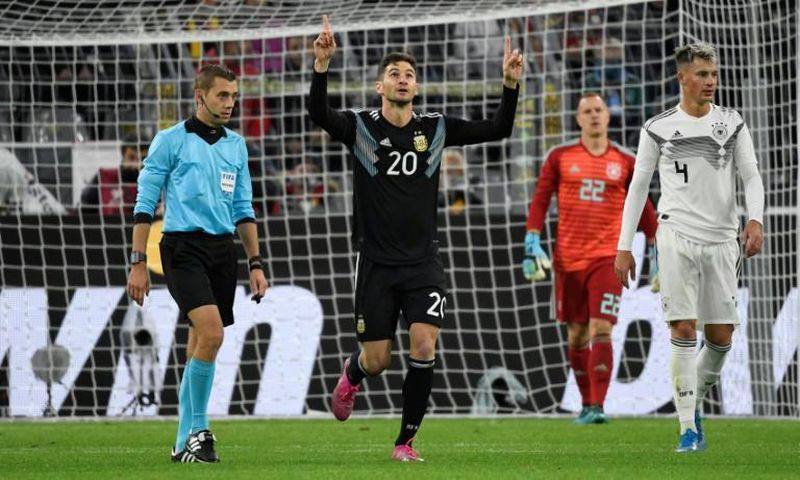 Lucas Alario (C) played a key role in Argentina's 2-2 draw against Germany in Dortmund on Wednesday when he came on to score with a header, then set up the equaliser.