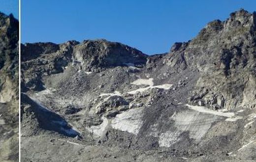 Images of the Pizol glacier taken in 2006 (L) and 2019 (R) show how much ice has been lost