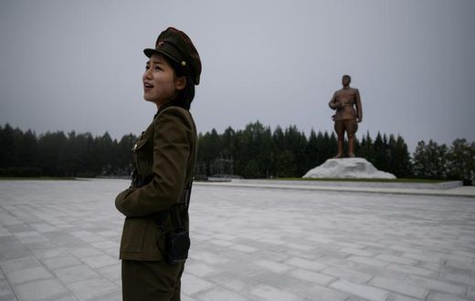 A statue of late North Korean leader Kim Il Sung overlooks the city of Samjiyon, a monumental project ordered by his grandson -- current leader Kim Jong Un