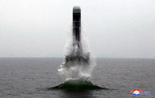 This picture taken on the morning of October 2, 2019 and released by North Korea's official Korean Central News Agency (KCNA) on October 3, 2019 shows the test-firing of "the new-type SLBM Pukguksong-3" in the waters off Wonsan Bay of the East Sea of K...