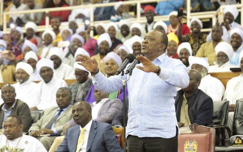 President Kenyatta at the Akorino convention at Kasarani stadium last Sunday where he delivered a fiery speech