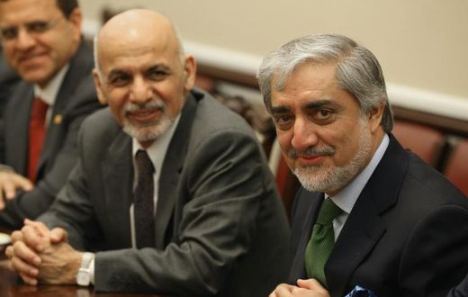 Afghanistan President Ashraf Ghani (L) and Chief Executive Abdullah Abdullah (R) -- seen here in Washington in March 2015 -- are running against each other for the presidency