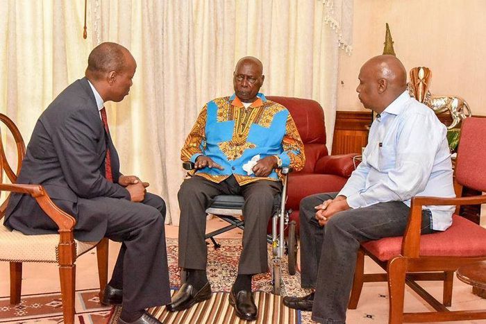 File image of retired President Daniel Moi with Baringo Senator Gideon Moi and Nakuru Governor Lee Kinyanjui