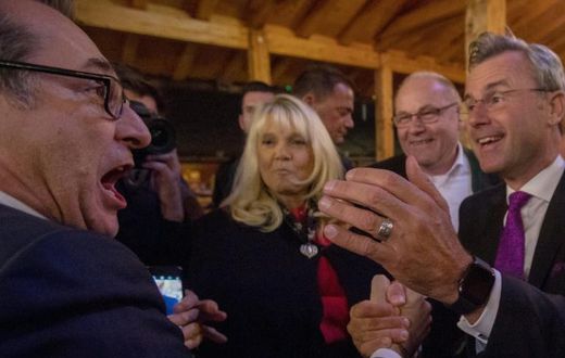 Former head of the the far-right Freedom Party Austria (FPOe) Heinz-Christian Strache (Left) greets new party leader Norbert Hofer (Right) during the FPOe Oktoberfest in Vienna ahead of snap polls on Sunday