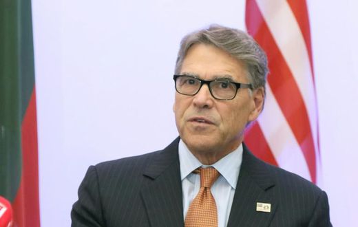 US Secretary of Energy Rick Perry delivers a statement after signing an agreement with Estonian, Lithuanian and Latvian counterparts on strengthening energy cooperation between the US and the Baltic States during a meeting in Vilnius, Lithuania, on Oct...