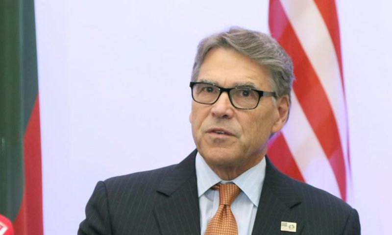 US Secretary of Energy Rick Perry delivers a statement after signing an agreement with Estonian, Lithuanian and Latvian counterparts on strengthening energy cooperation between the US and the Baltic States during a meeting in Vilnius, Lithuania, on Oct...