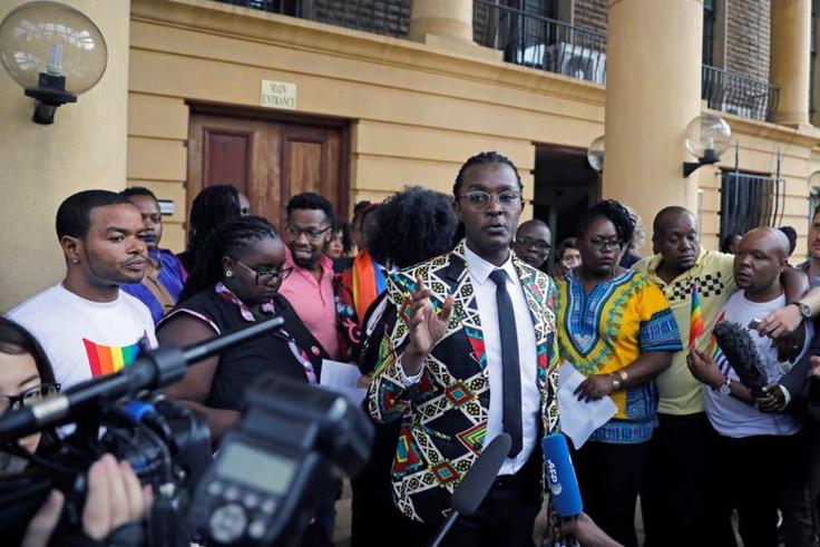 LGBTI activists during a press briefing shortly after the high court upheld a law banning gay sex on  May 24, 2019