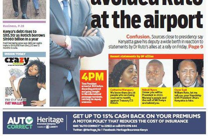 Top Image of the Standard Newspaper on Monday