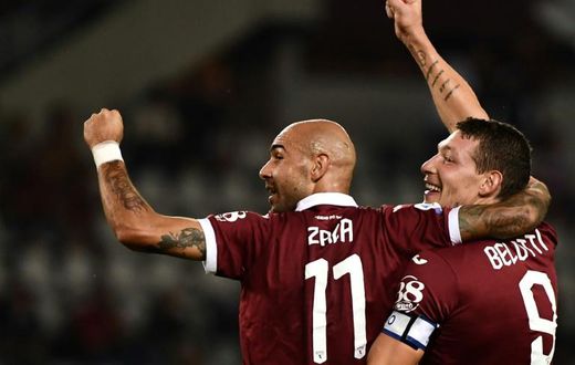 Torino's Italian forward Andrea Belotti (R) has scored four goals in five league games.