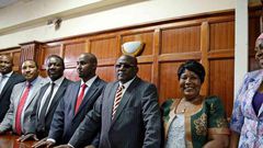 MPs Moses Kuria (Gatundu South), Ferdinand Waititu (Kabete), Timothy Bosire (Kitutu Masaba), Junet Mohamed (Suna East), Machakos Senator Johnson Muthama and woman representatives Florence Mutua (Busia) and Aisha Jumwa (Kilifi) at Milimani law courts fo...