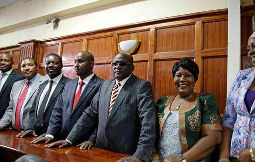 MPs Moses Kuria (Gatundu South), Ferdinand Waititu (Kabete), Timothy Bosire (Kitutu Masaba), Junet Mohamed (Suna East), Machakos Senator Johnson Muthama and woman representatives Florence Mutua (Busia) and Aisha Jumwa (Kilifi) at Milimani law courts fo...
