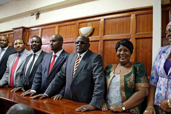 MPs Moses Kuria (Gatundu South), Ferdinand Waititu (Kabete), Timothy Bosire (Kitutu Masaba), Junet Mohamed (Suna East), Machakos Senator Johnson Muthama and woman representatives Florence Mutua (Busia) and Aisha Jumwa (Kilifi) at Milimani law courts fo...