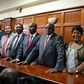 MPs Moses Kuria (Gatundu South), Ferdinand Waititu (Kabete), Timothy Bosire (Kitutu Masaba), Junet Mohamed (Suna East), Machakos Senator Johnson Muthama and woman representatives Florence Mutua (Busia) and Aisha Jumwa (Kilifi) at Milimani law courts fo...