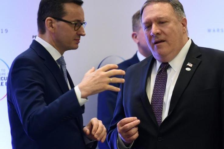 Poland's Prime Minister Mateusz Morawiecki, pictured (left) with US Secretary of State Mike Pompeo, was condemned by Jewish groups when he said holding Poland liable for restitution would hand a "posthumous victory" to Adolf Hitler