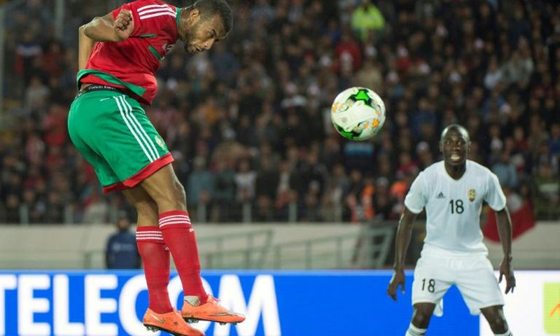 Ayoub el Kaabi (L) scores one of his nine goals that helped power hosts Morocco to the 2018 African Nations Championship title