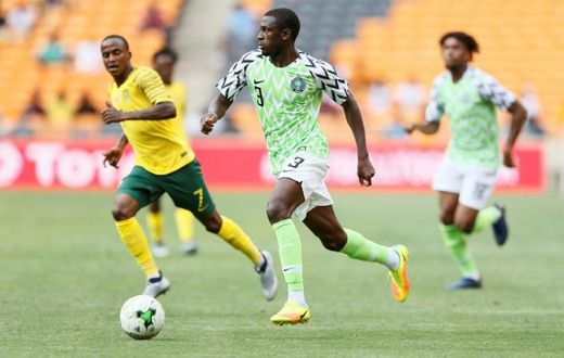 South African Footballer of the Season Thembinkosi Lorch (L) playing for South Africa against Nigeria in a 2019 Africa Cup of Nations qualifier
