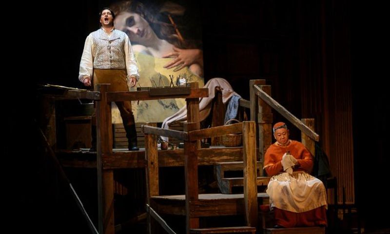 Italian tenor Riccardo Massi, left, performs as Cavaradossi on stage with bass Wei Wu as the sacristan in Washington National Opera's (WNO) production of 'Tosca' at the Kennedy Center in Washington on May 22, 2019