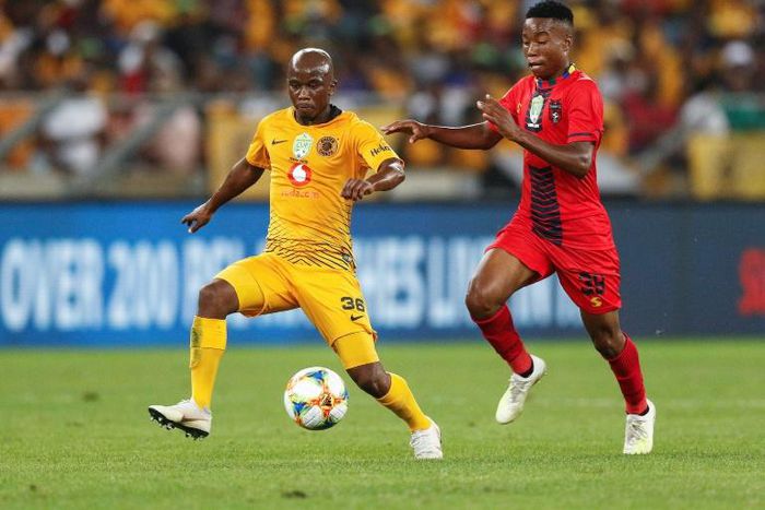 Kaizer Chiefs' defender Siphosakhe Ntiya-Ntiya vies for the ball against TS Galaxy's center forward Tshegofatso Nyama during the Nedbank Cup Soccer Final held at the Moses Mabhida Stadium in Durban on May 18, 2019.