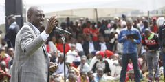 DP Ruto addressing the public at Rurinja Grounds in Njambini for a fundraiser in aid of the AIC Nyandarua South Region Church on July 27, 2019