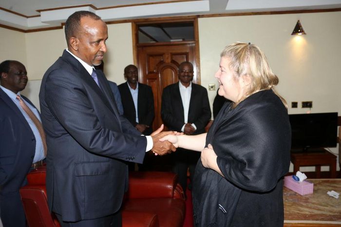 National Assembly Majority Leader Aden Duale with Ken Okoth's widow Monica. Kibra MP's paternal relatives declare they won't attend Homa Bay funeral service
