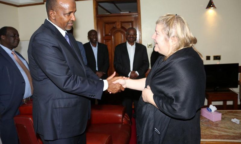 National Assembly Majority Leader Aden Duale with Ken Okoth's widow Monica. Kibra MP's paternal relatives declare they won't attend Homa Bay funeral service