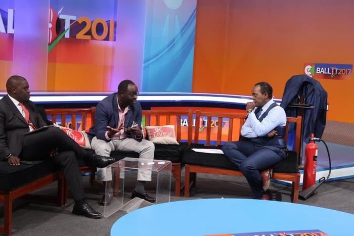 File image of Senator Johnson Sakaja, the late Ken Okoth and Jeff Koinange on JKL