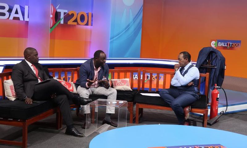 File image of Senator Johnson Sakaja, the late Ken Okoth and Jeff Koinange on JKL