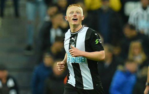 Newcastle's Matthew Longstaff celebrates the winner against Manchester United