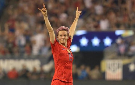 Megan Rapinoe reacts after a goal by teammate Allie Long in the United States' 2-0 friendly football win over South Korea in Charlotte, North Carolina