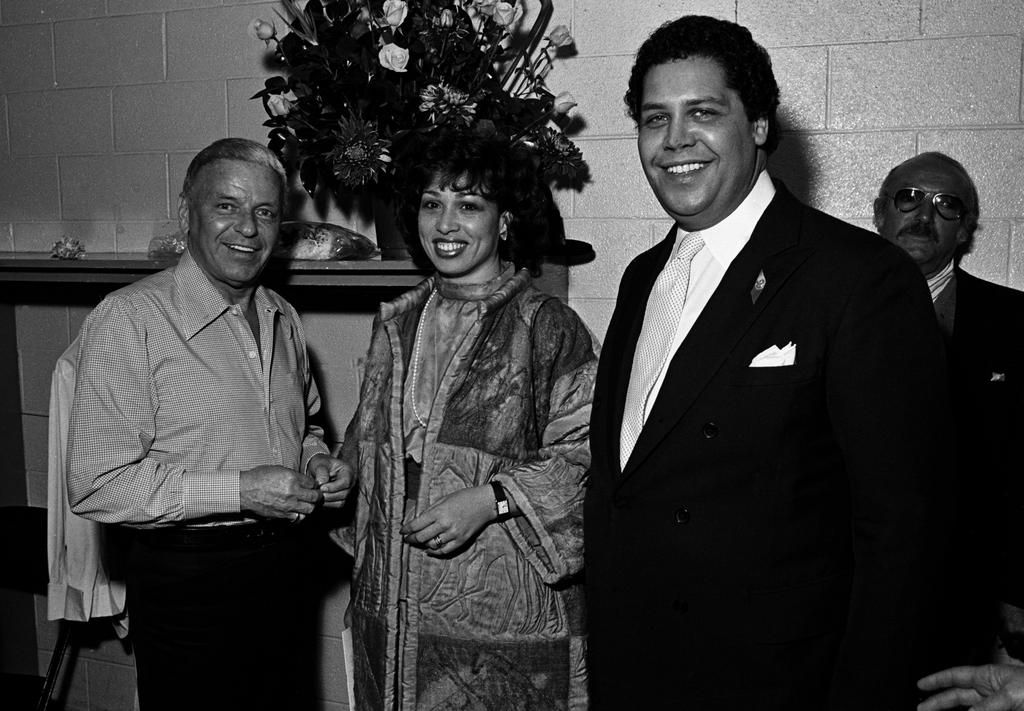 Frank Sinatra with the First Lady of Georgia Valerie Jackson and Atlanta Mayor Maynard Jackson during the Atlanta Missing and Murdered Child Benefit at Civic Center in Atlanta.