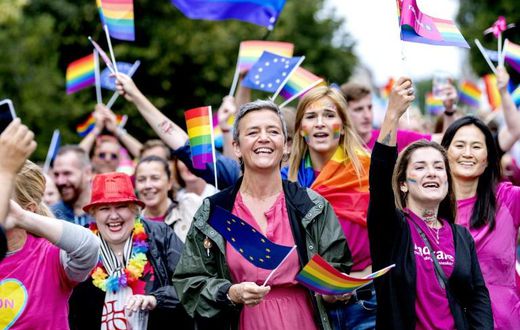Opprobrium from the White House has helped make Vestager a star, with competition authorities around the world following in her footsteps in moves against big tech. She is shown here at the Copenhagen Pride Parade last month