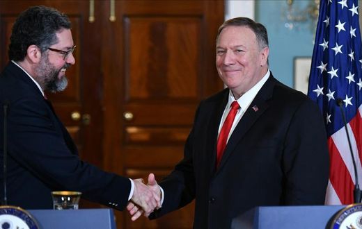 US Secretary of State Mike Pompeo and Brazilian Foreign Minister Ernesto Araujo speak to the press following a meeting at the State Department