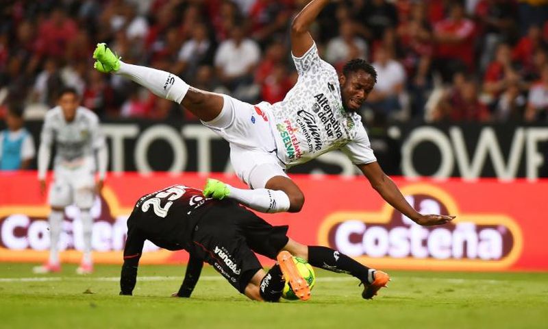 A file photo of Sao Tome e Principe captain Luis Leal (R) playing for Mexican club Chiapas