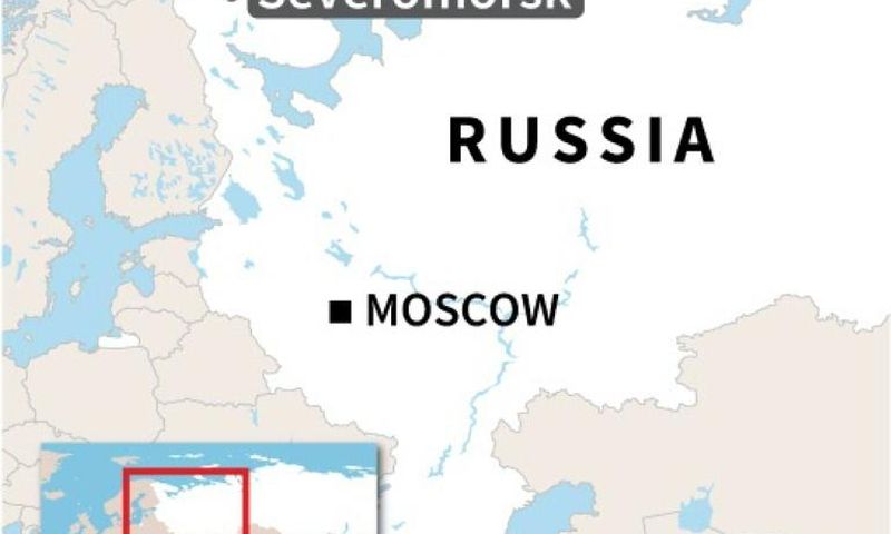 Map of Russia locating Severomorsk in the far north, where the defence ministry said 14 crew died in a fire on a deep submersible