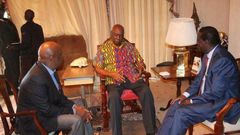 Retired President Daniel Moi with ODM leader Raila Odinga and Baringo Senator Gideon Moi