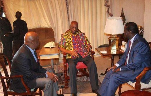 Retired President Daniel Moi with ODM leader Raila Odinga and Baringo Senator Gideon Moi