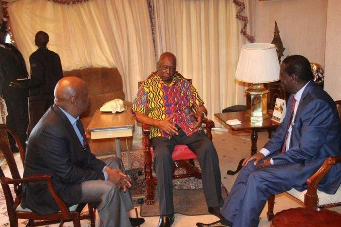 Retired President Daniel Moi with ODM leader Raila Odinga and Baringo Senator Gideon Moi
