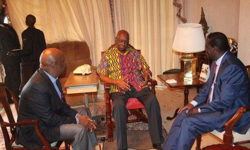 Retired President Daniel Moi with ODM leader Raila Odinga and Baringo Senator Gideon Moi